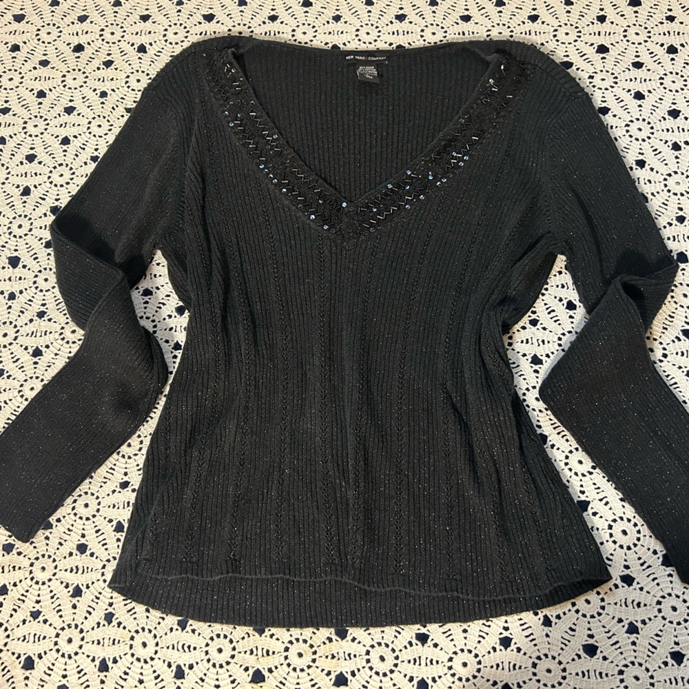 New York & Company Charcoal Ribbed Knit Top with Sequins